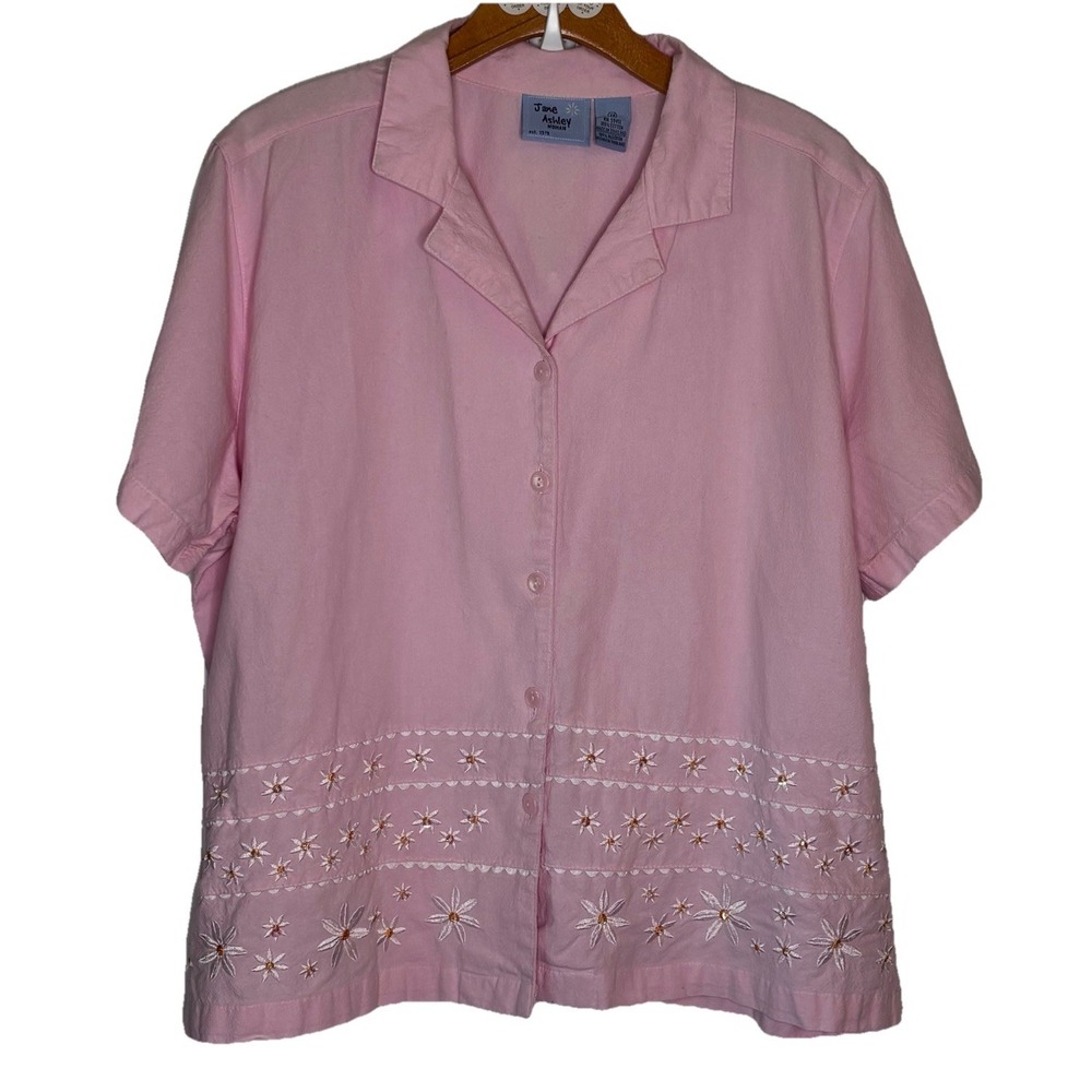 Vintage Jane Ashley 1X Shirt Pink Beaded Embroidered Ric Rac Cotton Button Front